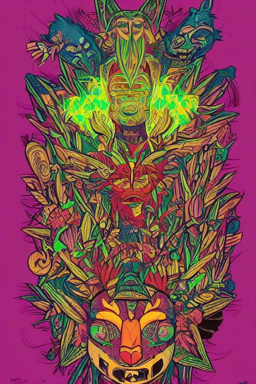 Image similar to animal mask totem roots flower tribal feather gemstone plant wood rock shaman vodoo video game vector cutout illustration vivid multicolor borderlands comics by josan gonzales and dan mumford radiating a glowing aura