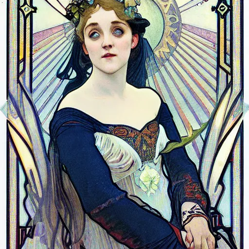 Image similar to evanna lynch portrait by louis - theophile hingre and alphonse mucha, realistic, sharp focus, zodiac signs, tarot cards, planets, ethereal, art nouveau, magic, moon, sun, crown, dreamy, royal, jewellery