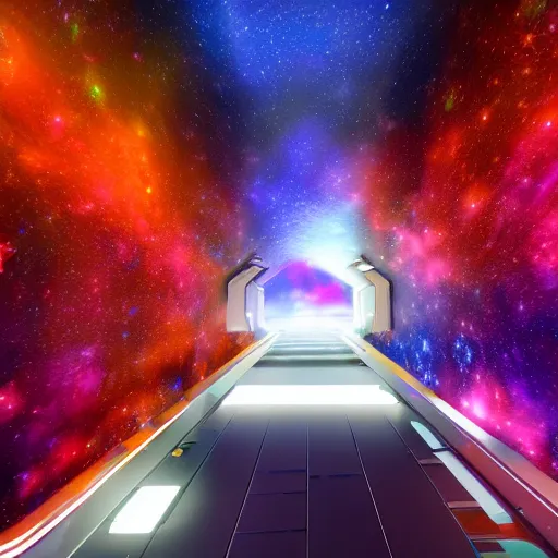 Image similar to 8 k hd detailed octane render of a spaceship corridor with a colorful nebula outside the window