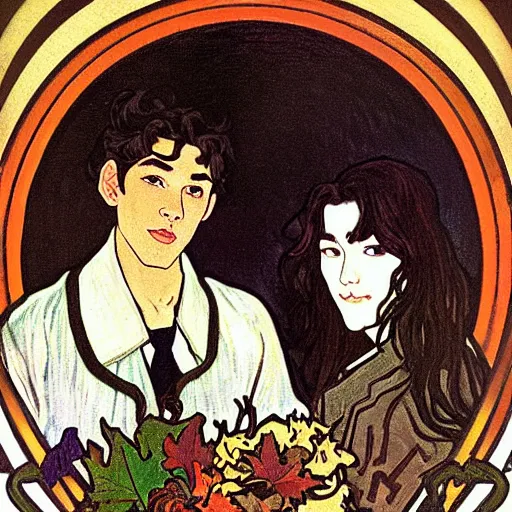 Image similar to painting of young cute handsome beautiful dark medium wavy hair man in his 2 0 s named shadow taehyung and cute handsome beautiful min - jun together at the halloween! party, bubbling cauldron!, candles!, smoke, autumn! colors, elegant, wearing suits!, delicate facial features, art by alphonse mucha, vincent van gogh, egon schiele