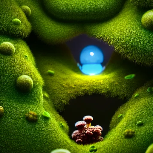 Image similar to macro photograph of cute alien moss and fungus creatures, volumetric lighting, depth of field, hyper detailed, soft focus, 8k, octane, by Pixar, by Beeple, trending on artstation