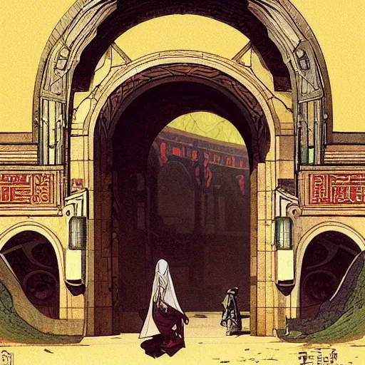 Prompt: immense art deco archway leading into byzantine arcology with studio ghibli wooden homeless medieval Hong Kong built into it, science fiction concept art by greg rutkowski and wayne barlowe and alphonse mucha