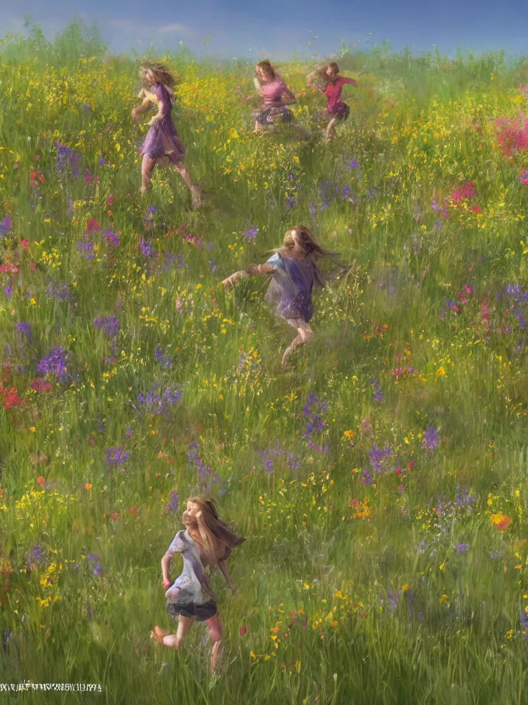Prompt: running through the wildflowers by disney concept artists, blunt borders, rule of thirds, golden ratio, godly light