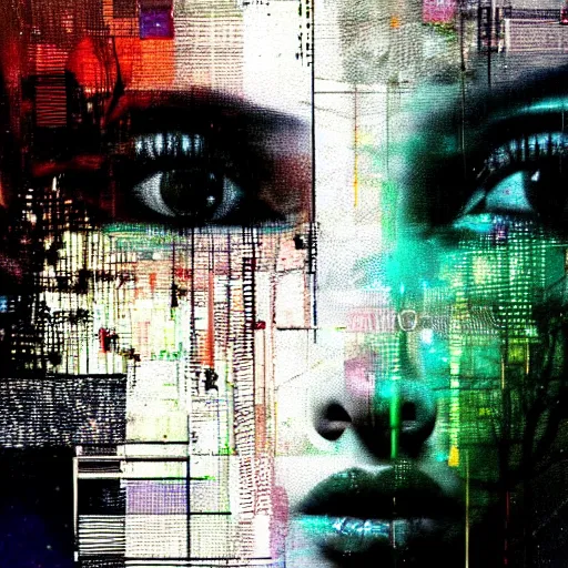 Prompt: portrait of a youthful beautiful women, mysterious, glitch effects over the eyes, fading, by Guy Denning, by Johannes Itten, by Russ Mills, centered, glitch art, clear skin, hacking effects, chromatic, cyberpunk, color blocking, digital art, concept art, abstract