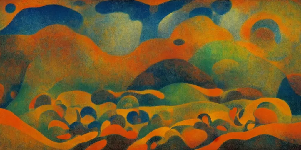 Image similar to An insane, modernist landscape painting. Wild energy patterns rippling in all directions. Curves, organic, zig-zags. Mountains, clouds. Rushing water. Waves. Psychedelic dream world. Odilon Redon. Tarsila do Amaral.