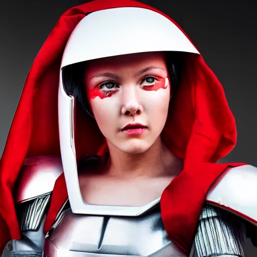 Image similar to headshot of an beautiful female soldier in glossy sleek white armor with tiny red details and a long red cape, downward angle, determined expression, on the surface of mars, night time, dramatic lighting, cinematic, sci-fi, hyperrealistic