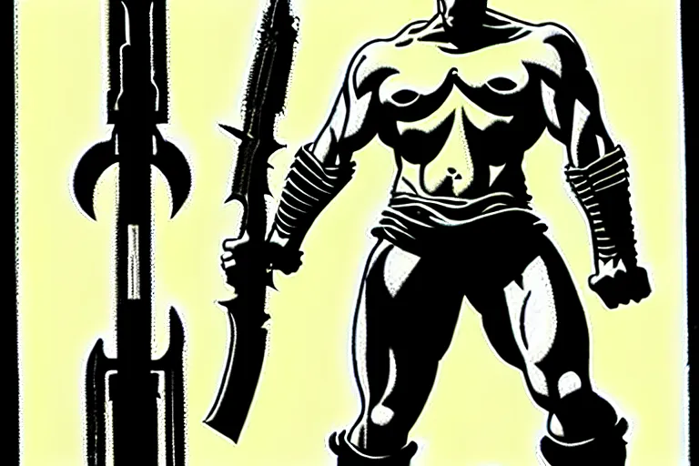 Prompt: god of weapons, sci - fi, full figure, epic stance, wide angle view, by frank miller