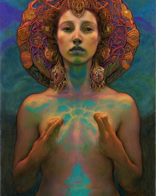 Prompt: the crown of mist and clouds, by Annie Swynnerton and Nicholas Roerich and Diego Rivera, bioluminescent skin, elaborate costume, geometric ornament, symbolist, cool colors like blue and green and violet, smooth, sharp focus, extremely detailed
