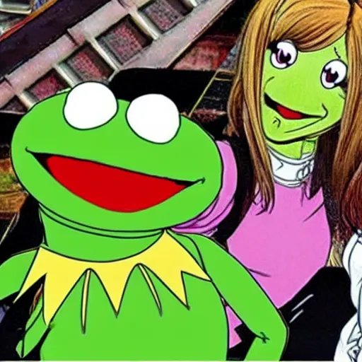 Prompt: Kermit the Frog anime