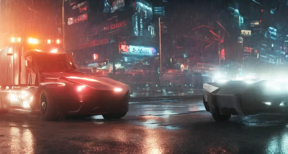 Image similar to closeup photo of combat tesla cybertruck driving on wet dystopian cyberpunk city streets at night, mad max, action, speed, volumetric lighting, hdr, need for speed, gta 5, forza, ridley scott, makoto shinkai, syd mead, craig mullins, cinematic, fast and furious, blade runner, octane, 8 k, iso 1 0 0, 1 2 mm