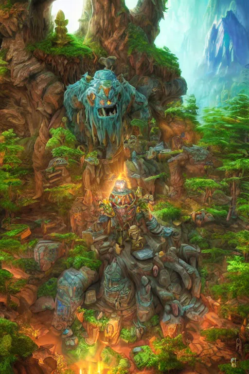 Image similar to zelda fantasy art giant golem troll wood rock greeble gemstone enchanted forest, global illumination ray tracing hdr fanart arstation by sung choi and eric pfeiffer and gabriel garza and casper konefal bastion forged hardmesh lisa frank zbrush central radiating a glowing aura global illumination ray tracing hdr