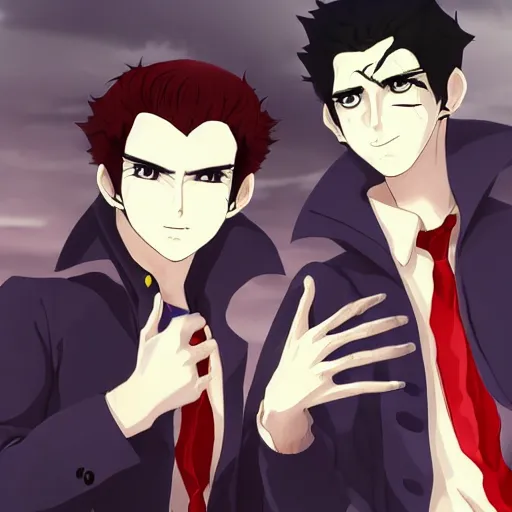 Image similar to two young men, one man human, one man vampire, anime style