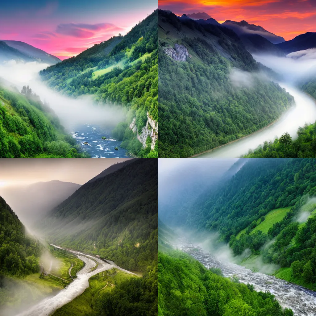 Prompt: beautiful valley with a river and villages between mountains, misty waterfalls flow from the mountains, during dawn in austria, ultra realistic!!!, professional photograph, deep focus, high detail, realistic colors, matte, wide angle, overview