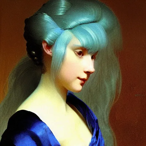 Image similar to young woman's face, her hair is white and she wears a cobalt blue duchesse satin cloak, by ivan aivazovsky and syd mead and moebius and roger dean and aelbert cuyp and willem claesz and pieter claesz and paul delaroche and alma tadema, hyperrealistic, volumetric light, octane