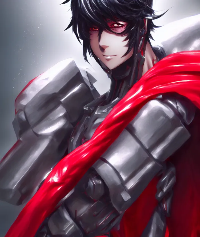 Image similar to a detailed manga character illustration of a dark haired silver cyborg anime man with a red cape, trending on artstation, digital art, 4 k resolution, detailed, octane render, high quality, sharp focus, hq artwork, insane detail, concept art, character concept, character illustration, full body illustration, cinematic, dramatic lighting