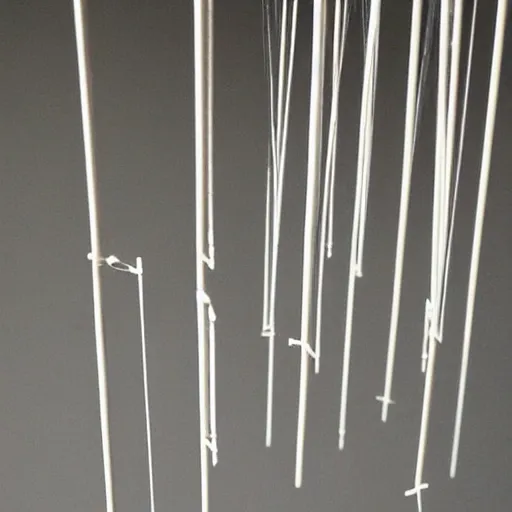 Prompt: a type of kinetic sculpture constructed to take advantage of the principle of equilibrium. it consists of a number of rods, from which weighted objects or further rods hang. the objects hanging from the rods balance each other, so that the rods remain more or less horizontal. each rod hangs from only one string, which gives it the freedom to rotate about the string.
