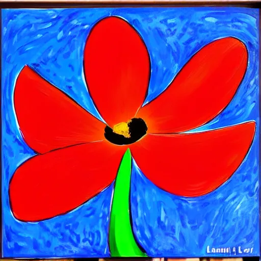 Prompt: a painting of a red flower on a blue background, a pop art painting by laurel burch, trending on pixabay, fauvism, fauvism, pop art, vivid colors