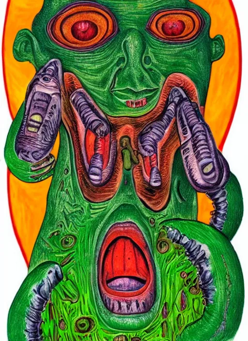 Image similar to a crazy alien art horror portrait, which has weird stretched out eyes and a misshapen mouth, green skin and orange background, art brut by a psycho man, full color crazy outsider outsider art