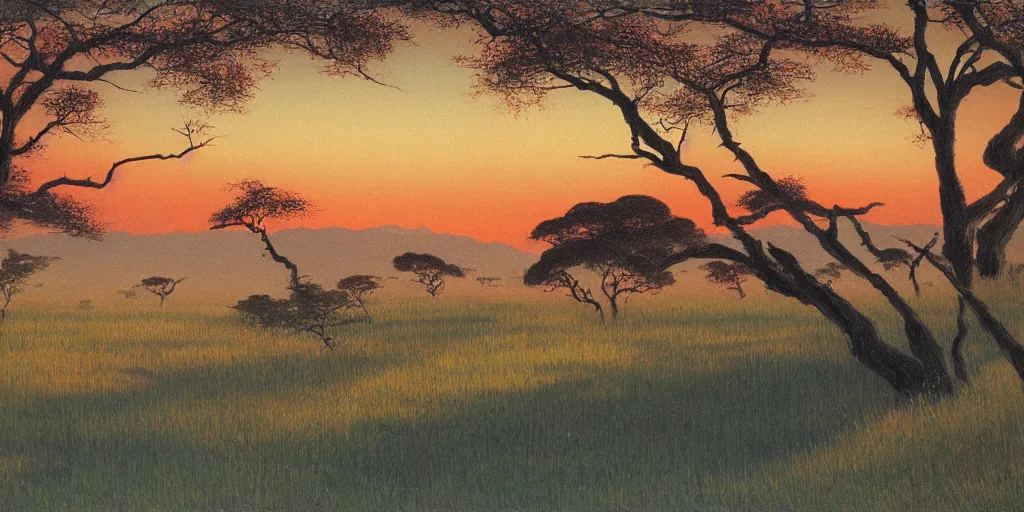 Prompt: painting of the savannah at golden hour by kitano tsunetomi, 1 9 3 9