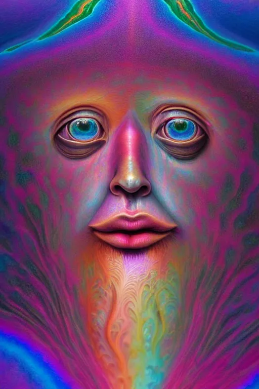 Image similar to hyperrealistic abstract close-up Renaissance psychedelic!! celestial happy! pure creature!! peaceful! kind spirit of nature! beautiful fractal!! eyes! highly detailed concept art eric zener elson peter cinematic hard rainbow lighting high angle hd 8k sharp shallow depth of field endless, inspired by Zdzisław Beksiński Salvador Dali