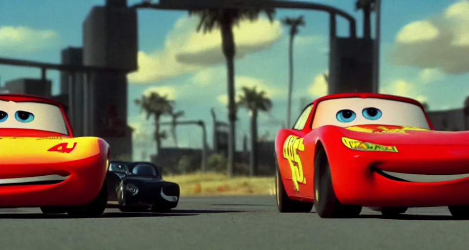 Prompt: a film still of Lightning McQueen in Pulp Fiction, anamorphic, cinematography,