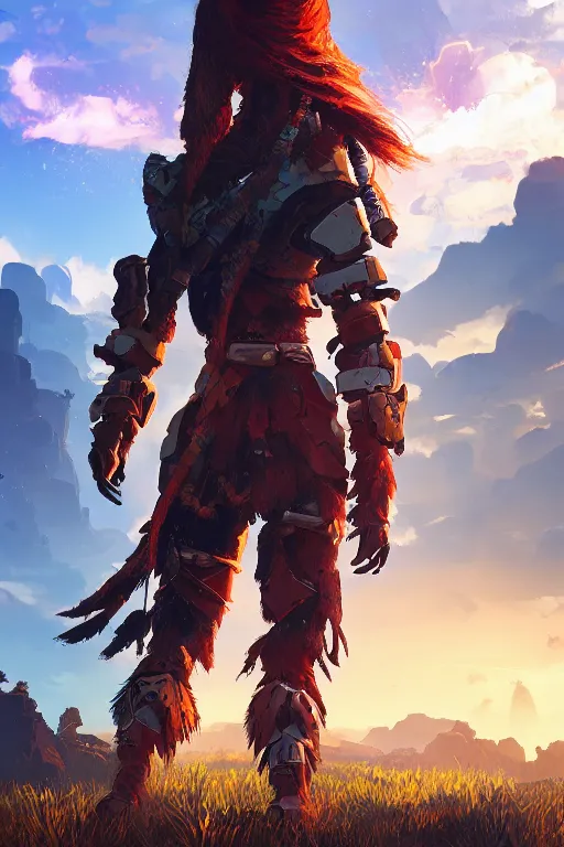 Image similar to combination suit armor aloy horizon forbidden west horizon zero dawn radiating a glowing aura global illumination ray tracing hdr fanart arstation by ian pesty and alena aenami artworks in 4 k tribal robot ninja mask helmet backpack