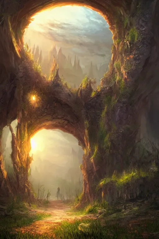 Image similar to gateway to another realm in a fantasy landscape. Digital art. Very detailed. Trending on artstation.