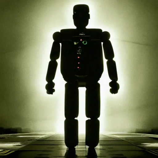 Image similar to movie scene of a man with a robot head, movie still, cinematic composition, cinematic lightning, Movie by David Lynch and Andrzej Żuławski