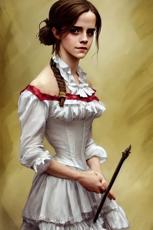 Image similar to A film still of emma watson in cosplay as a french maid, highly detailed, digital painting, artstation, concept art, sharp focus, illustration, cinematic lighting, art by artgerm and greg rutkowski and alphonse mucha diffuse lighting, fantasy, intricate, elegant, highly detailed, lifelike, photorealistic, digital painting, artstation, illustration, concept art, smooth, sharp focus, art by John Collier and Albert Aublet and Krenz Cushart and Artem Demura and Alphonse Mucha