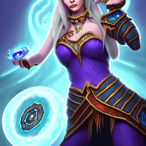 Prompt: Portrait of a sorceress, Hearthstone official trending art, exagerated accurate details, trending on MasterpieceStation in category 'Perfect eyes'