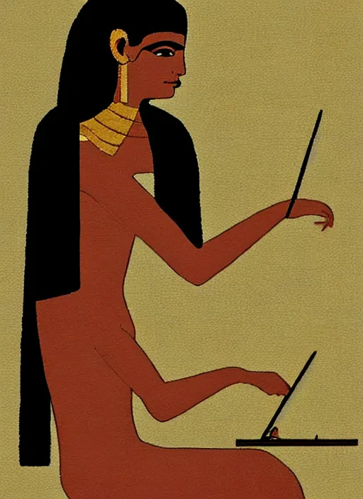 Image similar to ancient egypt painting girl using computer, 4 k, high quality, sharp fucos