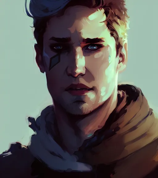 Image similar to portrait of cullen from dragon age with golden eyes, dark hair by atey ghailan, by greg rutkowski, by greg tocchini, by james gilleard, by joe fenton, by kaethe butcher, dynamic lighting, gradient light blue, brown, blonde cream and white color scheme, grunge aesthetic