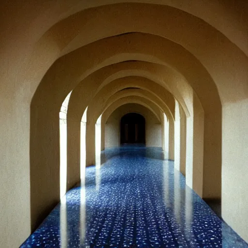 Image similar to Beautiful Fuzzy wide-eye-lens 15mm, harsh flash, cameraphone 2002, Photograph of an tiled infinite foggy liminal pool hallway with archways and water on the floor