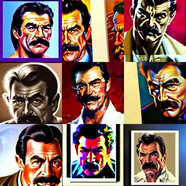 Prompt: ultra realistic portrait painting of tom selleck, art by frank frazetta, 4 k, ultra realistic, highly detailed, epic lighting