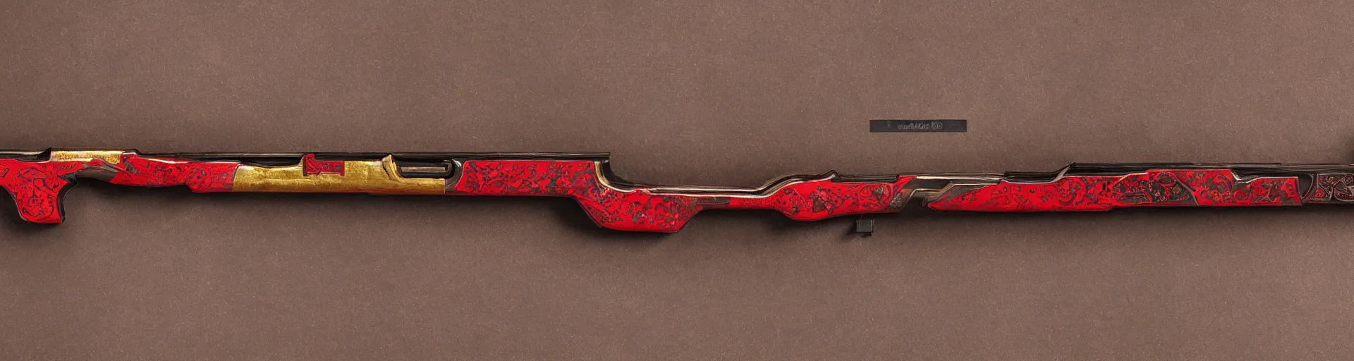 Image similar to a shotgun made from glossy red - painted wood and elements of gold metalwork