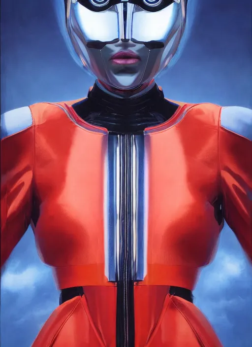 Image similar to ( ( symmetry ) ) closeup portrait of a chrome ( cyborg ) girl, fashion racer jumpsuit with shoulder pads, cinematic light, windy, red blue, ( ( volumetric smoke ) ), mist, by gerald brom, by mikhail vrubel, by peter elson, muted colors, extreme detail, trending on artstation, 8 k