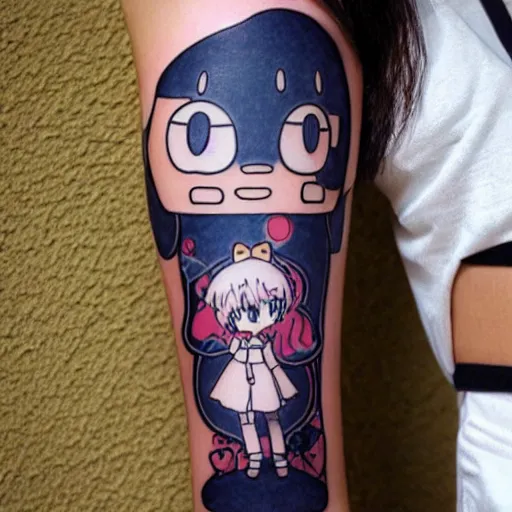 Prompt: anime manga catgirl robotic manga catgirl chibi kawaii by Hayao Miyazaki and Naoko Takeuchi, upper arm tattoo