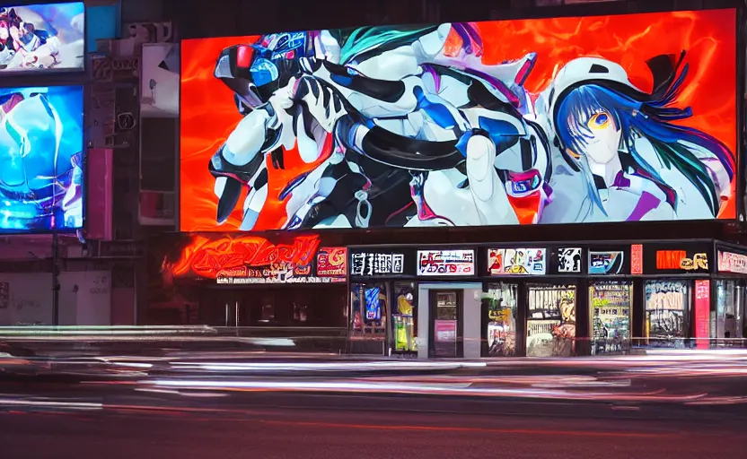 Image similar to night lighting billboard advertisement with an extremely beautiful photo of a white marble statue of an anime girl with colorful motocross logos and motorcycle helmet with closed visor, colorful smoke in the background, carved marble statue, fine art, neon genesis evangelion, virgil abloh, offwhite, denoise, highly detailed, 8 k, hyperreal