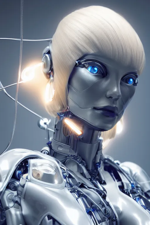 Image similar to a beautiful woman with blonde hair wearing robot suit with wires and light, highly detailed, photorealistic, artstation, smooth