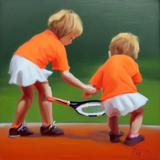 Prompt: Twee katten spelen tafeltennis voor oranje achtergrond, oil painting