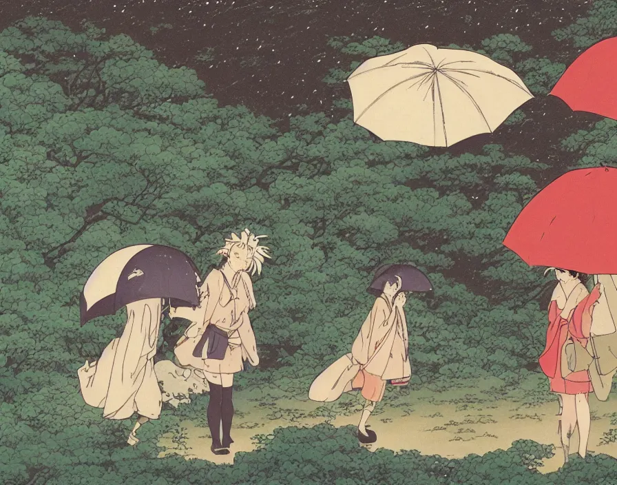 Prompt: A female Retzling with short blond air, standing with big Totoro at a japanese bus stop, holding an umbrella, in the dark forest, rainy night, Studio Ghibli, Hayao Miyazaki, Ukiyo-e, style Katsushika Hokusai,