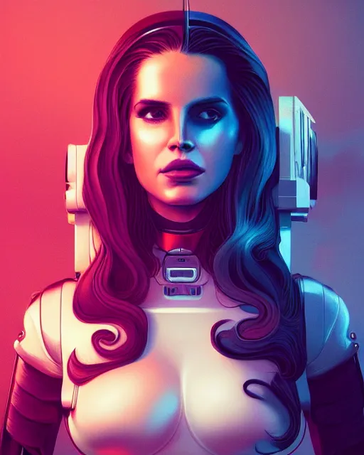 Image similar to portrait of lana del rey as a cyborg. intricate abstract. intricate artwork. by tooth wu, wlop, beeple, dan mumford. dramatic octane render, trending on artstation, greg rutkowski very coherent symmetrical artwork. cinematic, key art, hyper realism, high detail, octane render, 8 k, iridescent accents