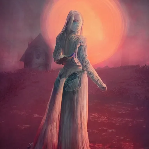 Image similar to Elle Fanning in the painted world of Dark Souls, head and shoulders masterpiece, apocalypse, golden hour, cosmic horror, artstation, in the style of 60s color field painting, extremely detailed