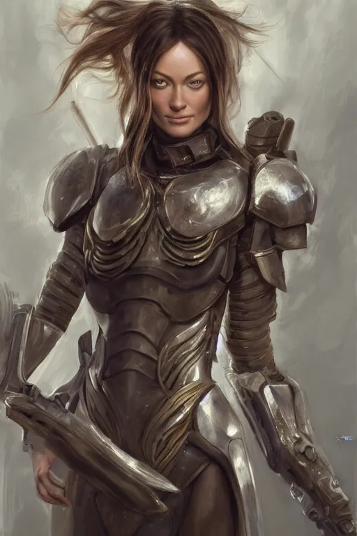 Image similar to a professional painting of a young Olivia Wilde, clothes in military armor, olive skin, long dark hair, beautiful bone structure, symmetrical facial features, intricate, elegant, digital painting, concept art, smooth, sharp focus, illustration, from StarCraft by Ruan Jia and Mandy Jurgens and Artgerm and William-Adolphe Bouguerea