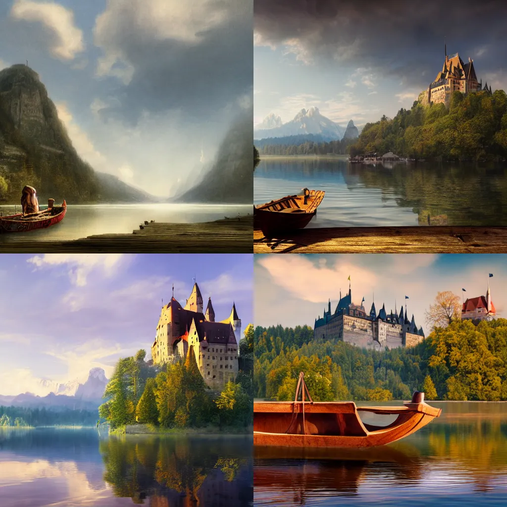 Prompt: a wooden boat sitting on top of a lake, with a castle in the distance, a detailed matte painting by johannes heisig, shutterstock contest winner, german romanticism, national geographic photo, matte painting, matte drawing