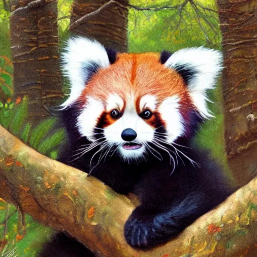 Prompt: cute fluffy baby red panda sitting in forest, detailed painting 4k in the style of mark brooks