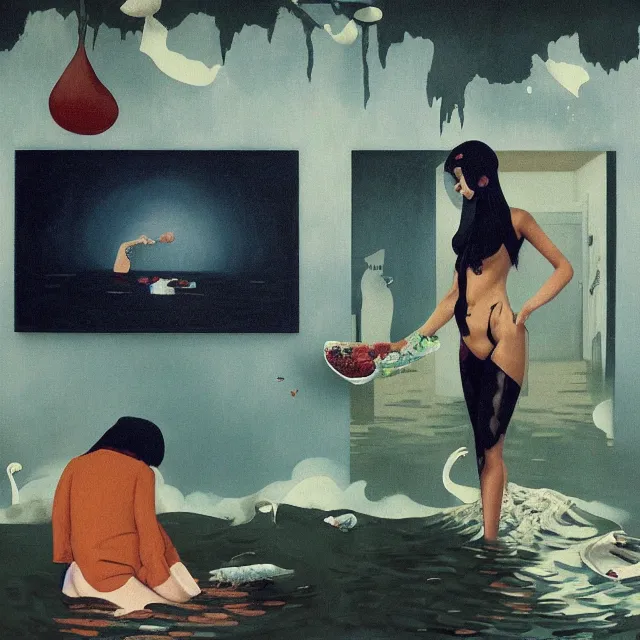 Prompt: tall female emo artist in her flooded apartment, water gushing from ceiling, painting of flood waters inside an artist's home, a river flooding indoors, pomegranates, pigs, ikebana, zen, water, octopus, river, rapids, waterfall, black swans, canoe, berries, acrylic on canvas, surrealist, by magritte and monet