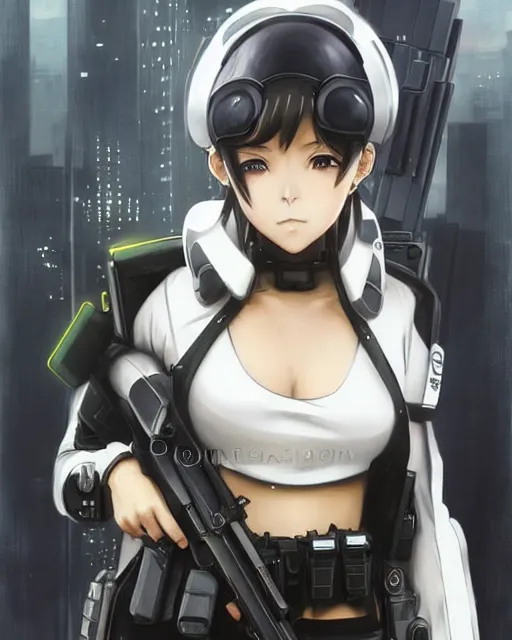 Image similar to nami, anime key visual of a young female swat officer, neon, cyberpunk, futuristic, white outfit, black swat vest, swat helmet, holding pdw, stunning, highly detailed, digital painting, smooth, soft focus, illustration, 4 k digital art from artstation by artgerm and greg rutkowski and alphonse mucha