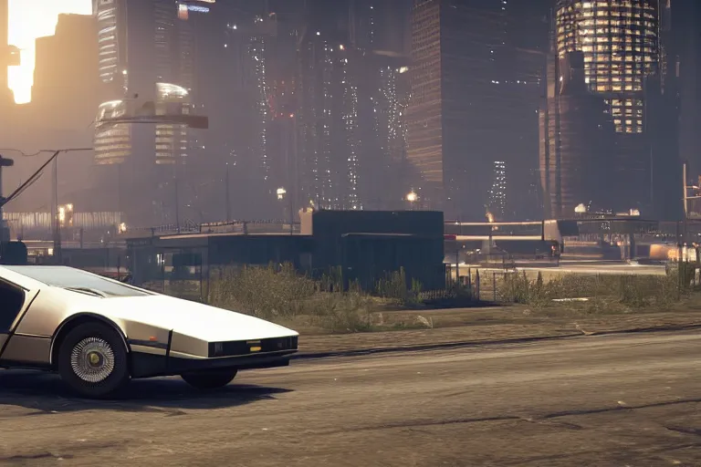 Image similar to 1 9 2 2 delorean by grand theft auto v, by red dead redemption 2, by cyberpunk 2 0 7 7