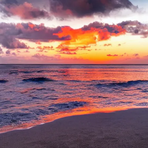 Prompt: very very very beautiful scenery from an island in the middle of the ocean on a beach front, watching the sun set while the sky has scattered clouds and is orange. waves slowly roll against the beach front. award winning photography